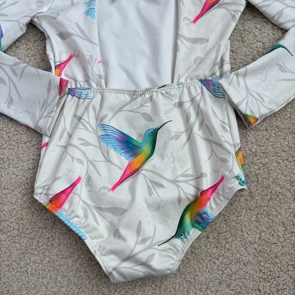 Kids Long Sleeve Swimwear with Colorful Hummingbird Print - White